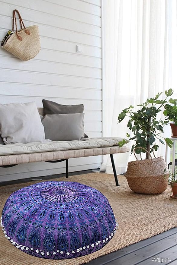 Shubhlaxmifashion Mandala Floor Pillow Cushion Seating Throw Cover Hippie Decorative Bohemian Ottoman Poufs, Pom Pom Pillow Cases,Boho Indian (32 Inches, Purple Dye)
