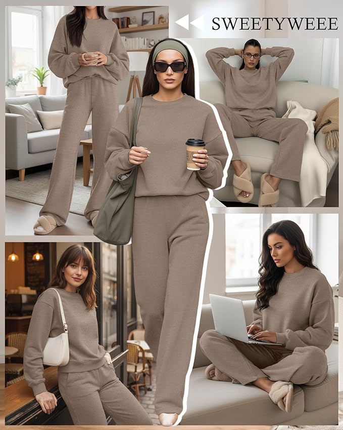 Sweetyweee Women's 2 Piece Outfits Set Fleece Lined Lounge Sweatsuit Crewneck Pullover Top Wide Leg Pants Casual Tracksuit