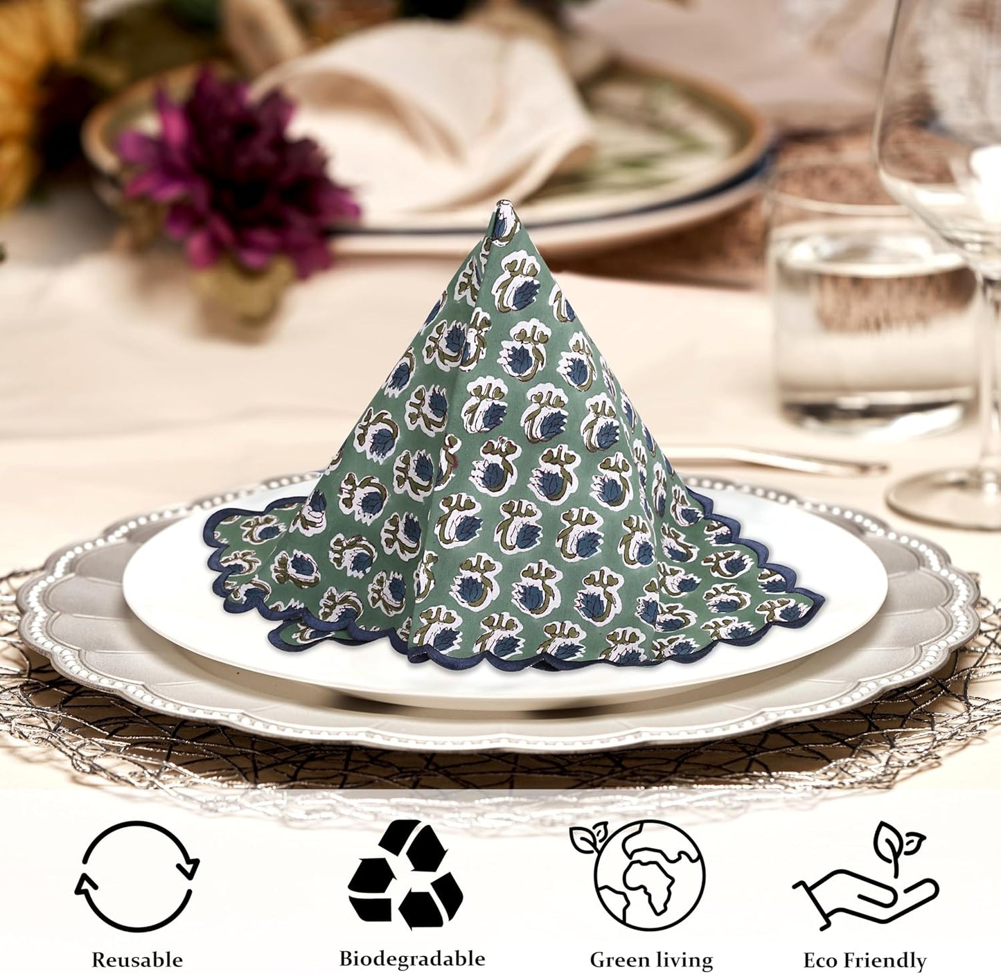 Ridhi Basil GreenHand Block Print Napkins 18" x 18" Set of 4 Reusable Cotton Dinner Napkins for Weddings, Parties & Everyday Dining, Thanksgiving, Christmas, Fall
