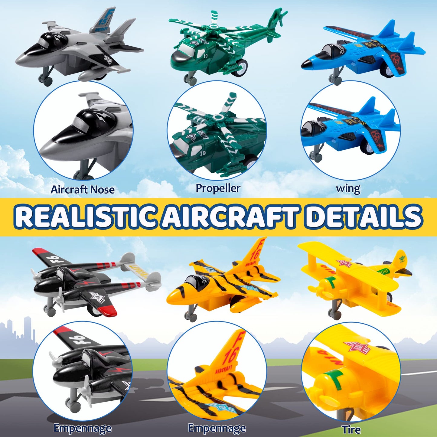 JOYIN 16 Pcs Pull Back Airplane Toys, Boys Plane Playset, Aircraft Incl Helicopter, Fighter, Bomber, Biplane Model, Gifts for Toddler Kids 3+ Years Old, Kids Presents, Treasure Box Toys for Classroom