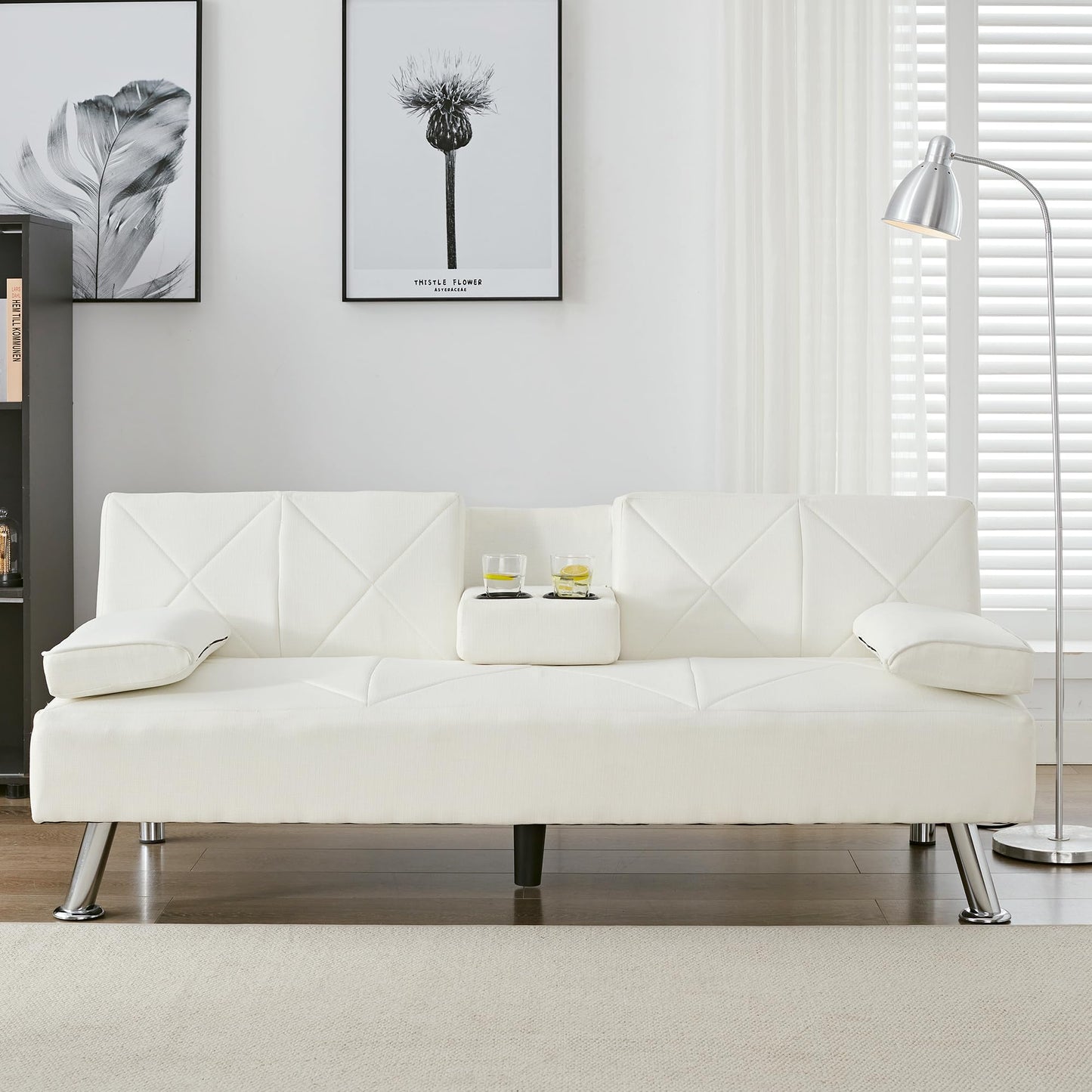 VECELO Modern Convertible Folding Futon Sofa Bed with Removable Armrests Breathable Linen Recliner Couch for Living Room/Apartment Lounge, 2 Cup Holders, Beige