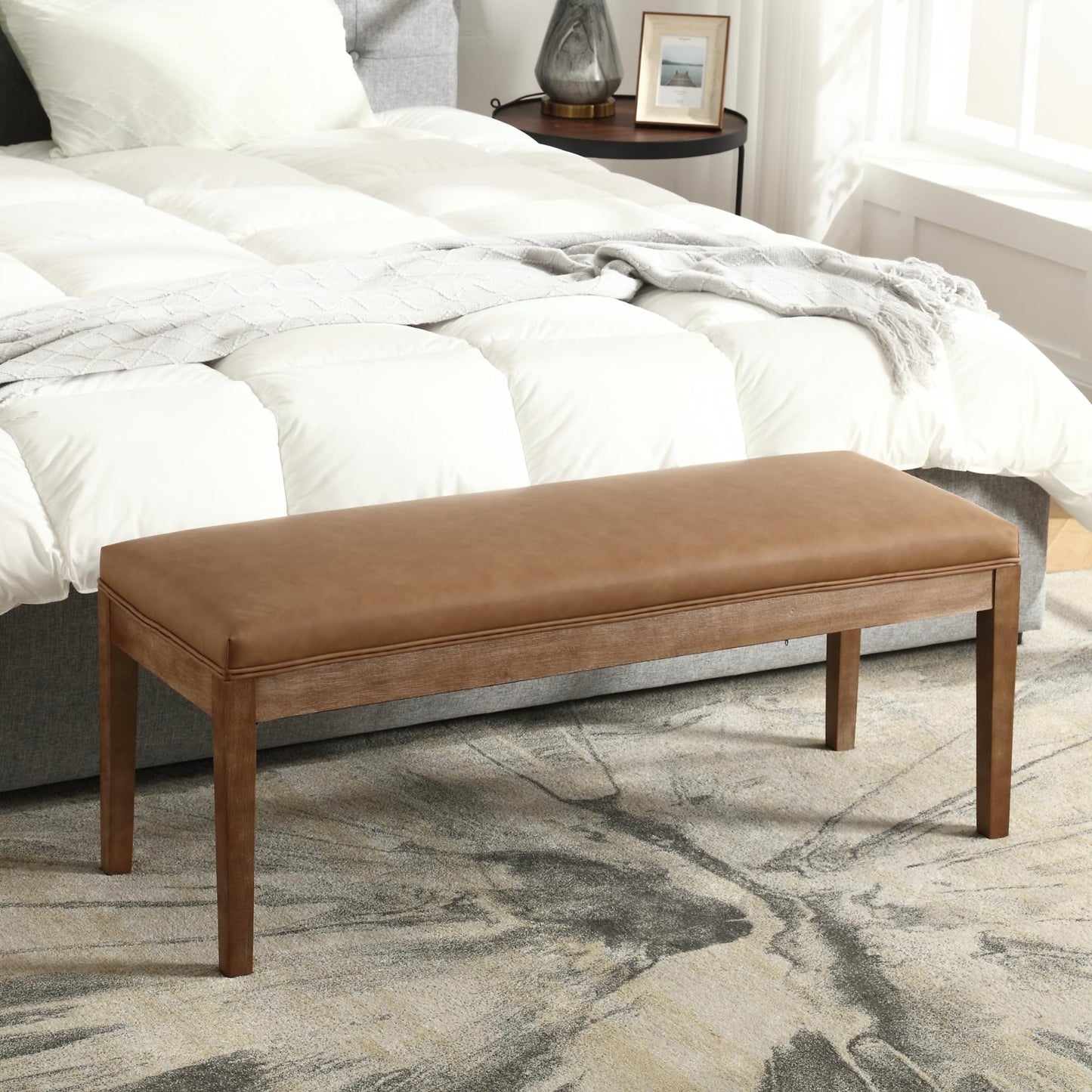 Janoray PU Leather Entryway Bench Farmhouse Dining Benches Upholstered Bedroom Bench Shoe Bench Seat for Hallway Living Room Bedroom End of Bed, 16" D x 45.5" W x 18.75" H, Brown