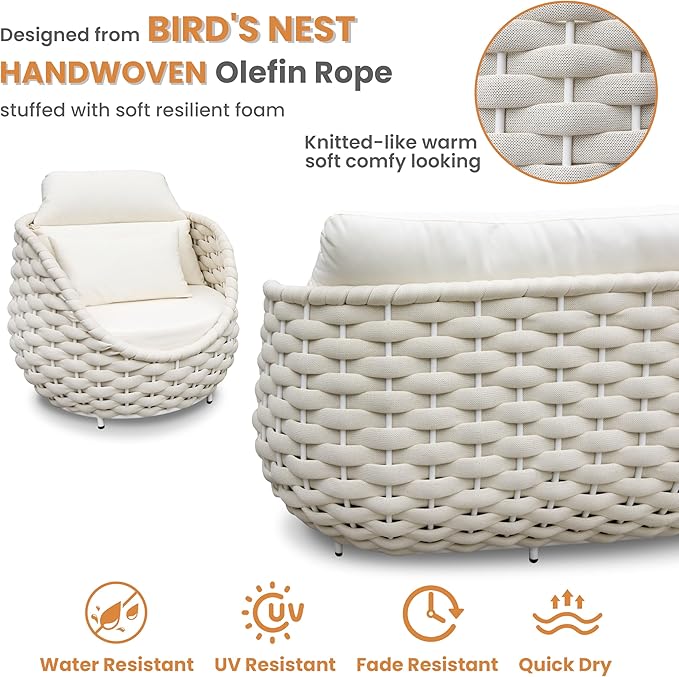 Erotr Metal Backyard Furniture Set: Aluminum Assembled Front Porch 4 Pieces Outdoor Set - Woven Rope Patio Conversation Set Modern - Cushioned Deck Couch Set Garden Sunroom Pool Hotel Resort, Beige