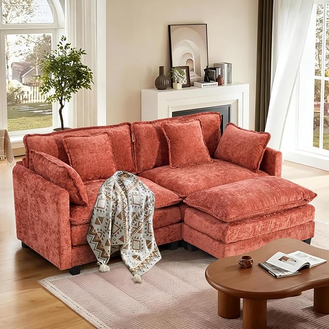 SoarFlash Chenille 77.95" Sectional Sofa, Comfy L Shaped Modular Coush Sofa with Ottoman, Modern 2 Seat Couch Deep Seat Sofa Set for Living Room,Orange