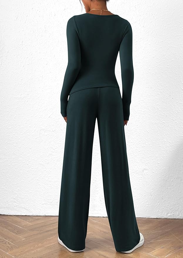 PRETTYGARDEN Women's 2 Piece Lounge Sets Asymmetrical Long Sleeve T Shirt Wide Leg Pants Casual Outfits Tracksuit