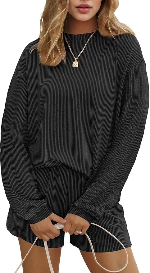Ekouaer 2 Pieces Lounge Set for Women Long Sleeve Pajamas Top and Shorts Matching Sets Outfits with Pockets