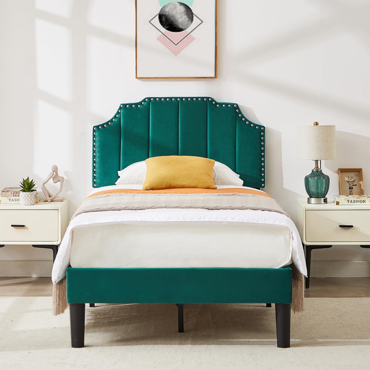 VECELO Twin Upholstered Platform Bed Frame with Tufted Adjustable Headboard/Mattress Foundation/Wood Slat Support,Easy Assembly,Dark Green