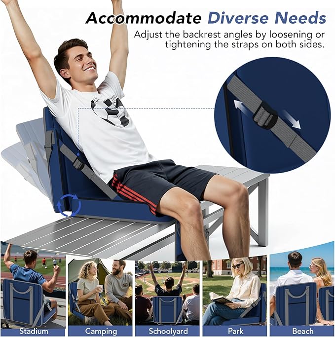 janiry Stadium Seats with Back Support 2PACKS Adjustable Bleacher Chairs with Back and Cushion Bleacher Seat with Cup Holder, Carry Handle & Shoulder Strap for Outdoor Sports Events, Picnics, Beaches