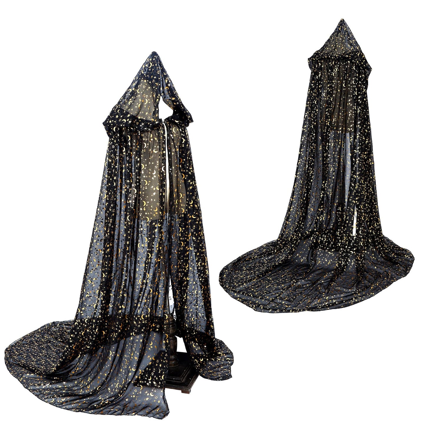 Geyoga Black Celestial Witch Cloak Halloween Stars Moon Witch Costume Tulle Cape Hooded Elf Cloak Gothic Costume for Cosplay