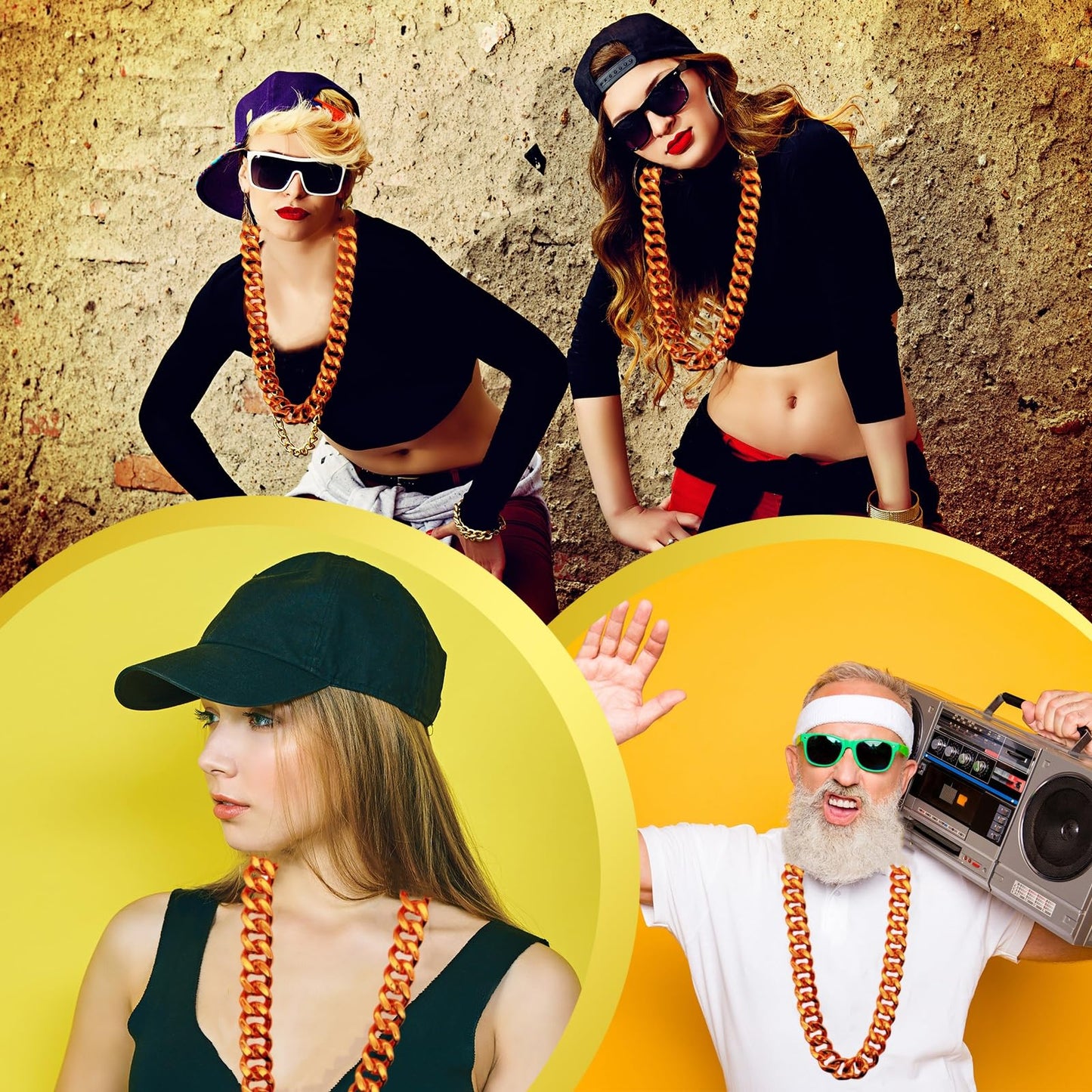 LCPQMZGH Plastic Hip Hop Chain Necklace, 80s 90s Costume Accessory, Men's Chunky Necklace, Big Chunky Gold Chain, 40, Orange
