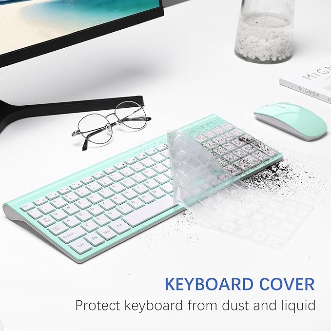 Wireless Keyboard and Mouse Ultra Slim Combo, TopMate 2.4G Silent Compact USB 2400DPI Mouse and Scissor Switch Keyboard Set with Cover, Batteries Included, for PC/Laptop/Windows/Mac - Mint Green