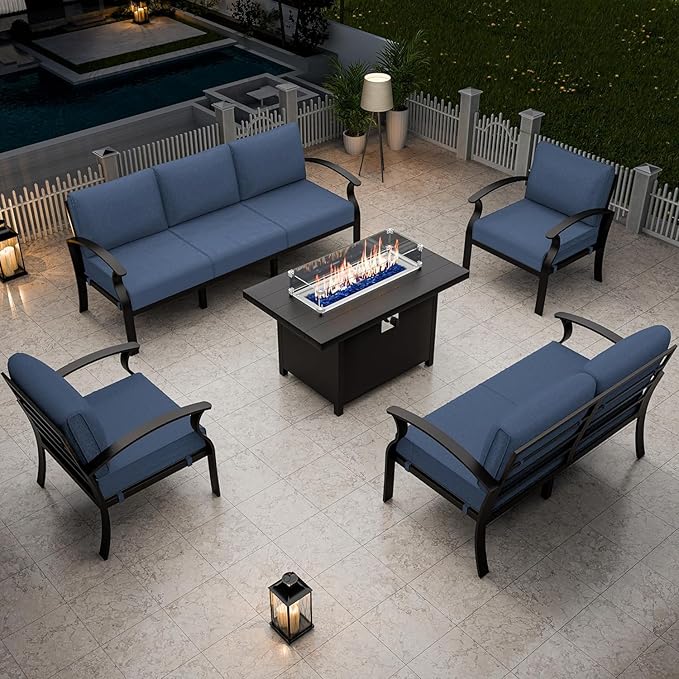 RTDTD Aluminum Outdoor Patio Furniture Set,5 Pieces 7 Seats Patio Conversation Sets with 45" Propane Fire Pit Table,Metal Patio Sectional Furniture Set w/5.1" Cushions,Navy Blue