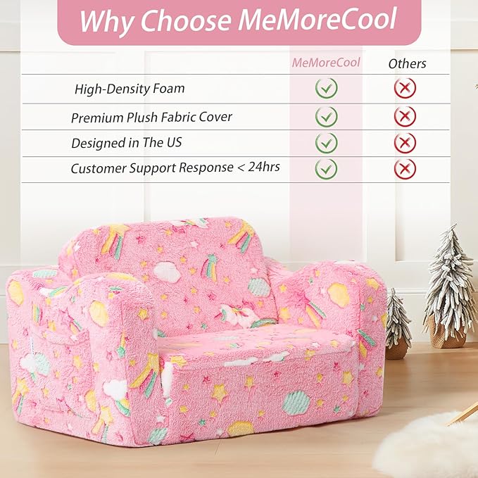 MeMoreCool Folding Toddler Chair, Glow-in-The-Dark Soft Plush Kids Fold-Out Couch Sofa, Comfy Baby Recliner for Girls and Boys (Pink Rainbow)