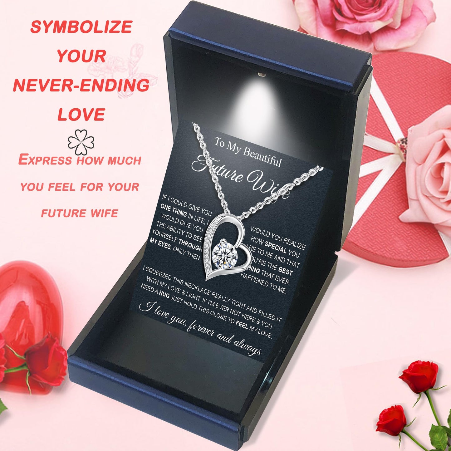 MGOOL To My Future Wife Necklace Wife Necklace From Husband Soulmate Necklace For Women Jewelry Birthday Gifts For Girlfriend Message Card and LED Box (Heart 01-FW PU LED Box, 925 Sterling Silver)
