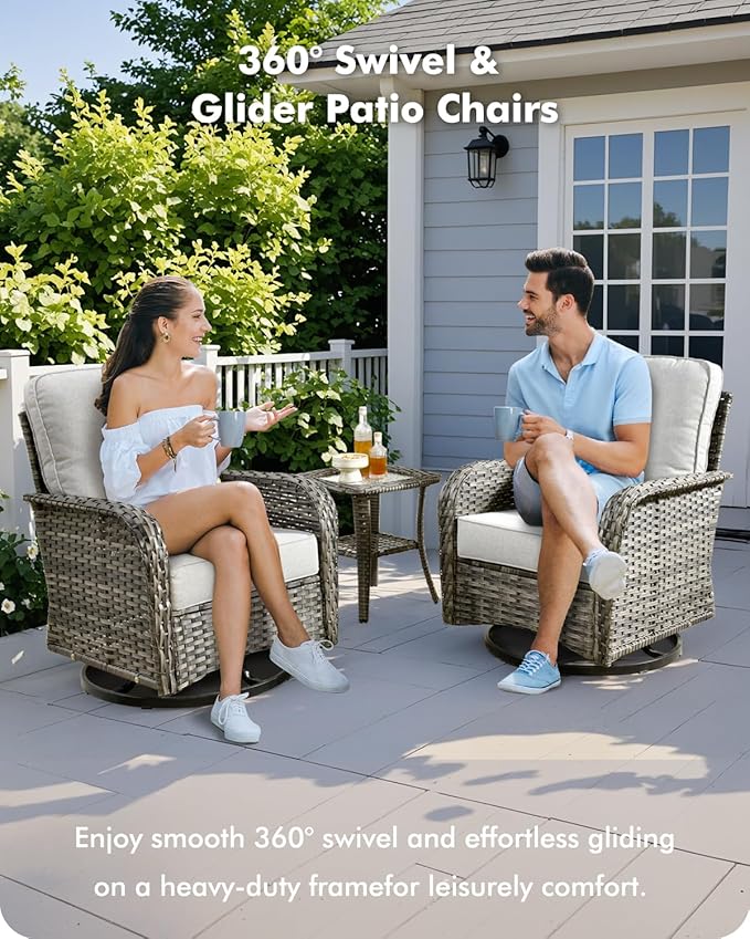 CAODOC 5 Pieces Patio Furniture Set,Outdoor Furniture with Rockers, Rattan Conversation Sets w/Coffee Table, Grey Wicker Light Grey Cushion