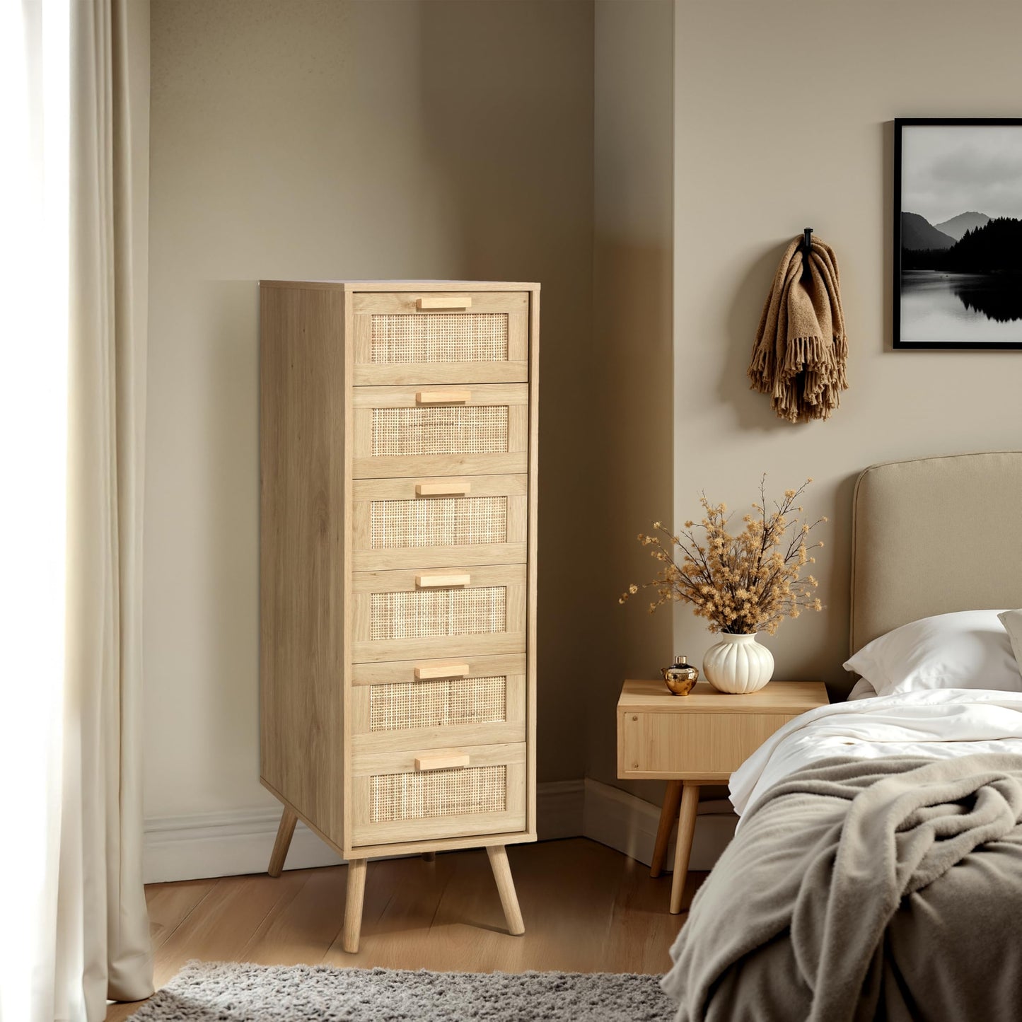 Finnhomy Rattan Dresser for Bedroom, Tall Dresser with 6 Hand Made Rattan Decorated Drawers, Small Chest of Drawers for Living Room, Closet, Hallway, Natural