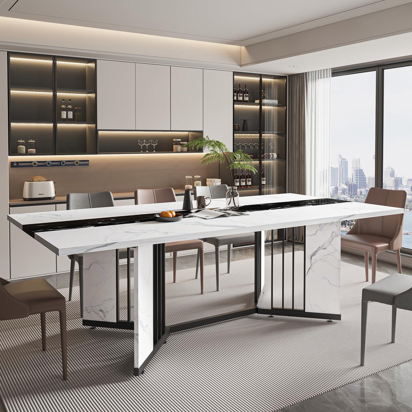 DalyLuxa 71inch Dining Table for 6-8 People, Large Rectangular Wood Kitchen Table with Marble Watrproof Tabletop and Adjustable Leg for Kitchen, Dining Room