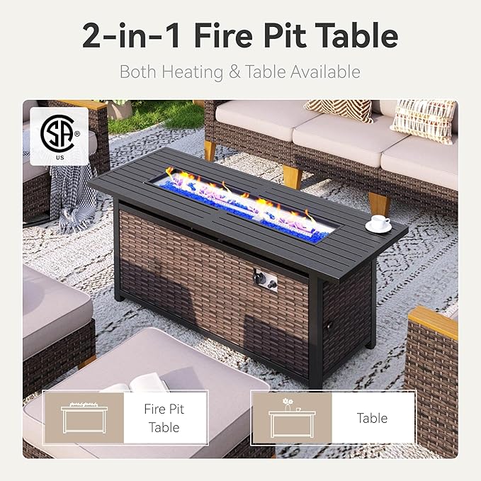 GREEN PARTY 9 Pieces Wicker Patio Furniture Set with 56" Fire Pit Table, All-Weather Outdoor Rattan Patio Sectional Sofa Conversation Set with 4" Thick Cushions for Garden, Backyard, 2 x Ottomans