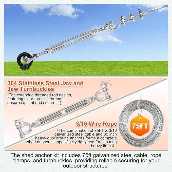 30" Ground Anchors Shed Anchors Kit with 3/16" 75FT Galvanized Cable & M6 304 Stainless Steel Turnbuckles, Heavy Duty Earth Anchors for Sheds Trees Trampoline Greenhouse Swing Set Tent, 6Pack Black