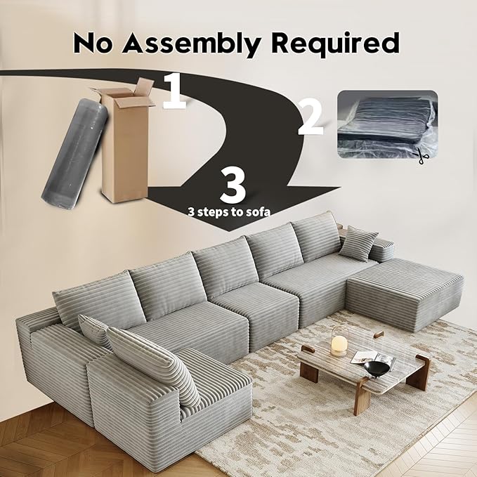 139.4" Modular Sectional Sofa, U-Shaped Minimalist Couches with Ottoman and Middle Seat, Modern Deep Seat Convertible Sleeper Sofa Bed, Reversible Chaise, Cloud Plush Corduroy Fabric,6 Seater, Grey