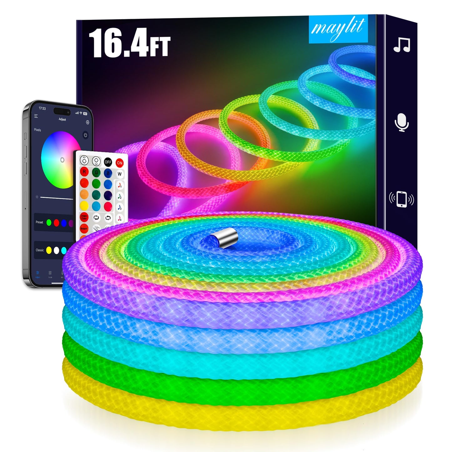 maylit 360 Degree Luminous Reticulate Weave Rope Lights, 16.4ft Addressable ICRGB LED Strip Lights, Music Sync, DIY Design, USB Powered Flexible LED Lights for Gaming Room Living Bedroom Wall Decor