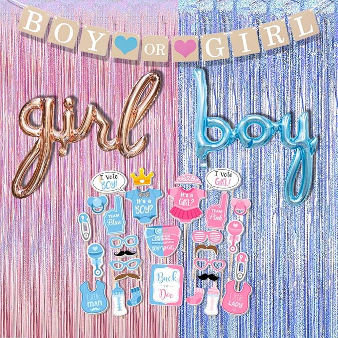 Baby Shower Photo Booth Props Gender Reveal Backdrop Baby Gender Reveal Party Supplies Boy or Girl Banner Boy Girl Foil Ba...