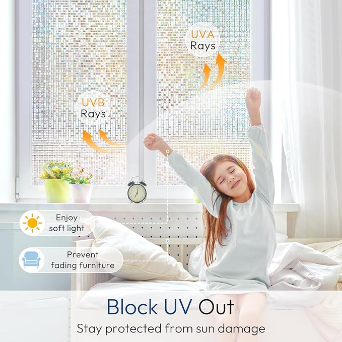 rabbitgoo Window Privacy Film Stained Glass Window Film, Mosaic Rainbow Decorative Glass Cling, Removable Static Cling Tint UV Blocking, Non-Adhesive Privacy Covering for Home, 23.6 x 78.5 inches