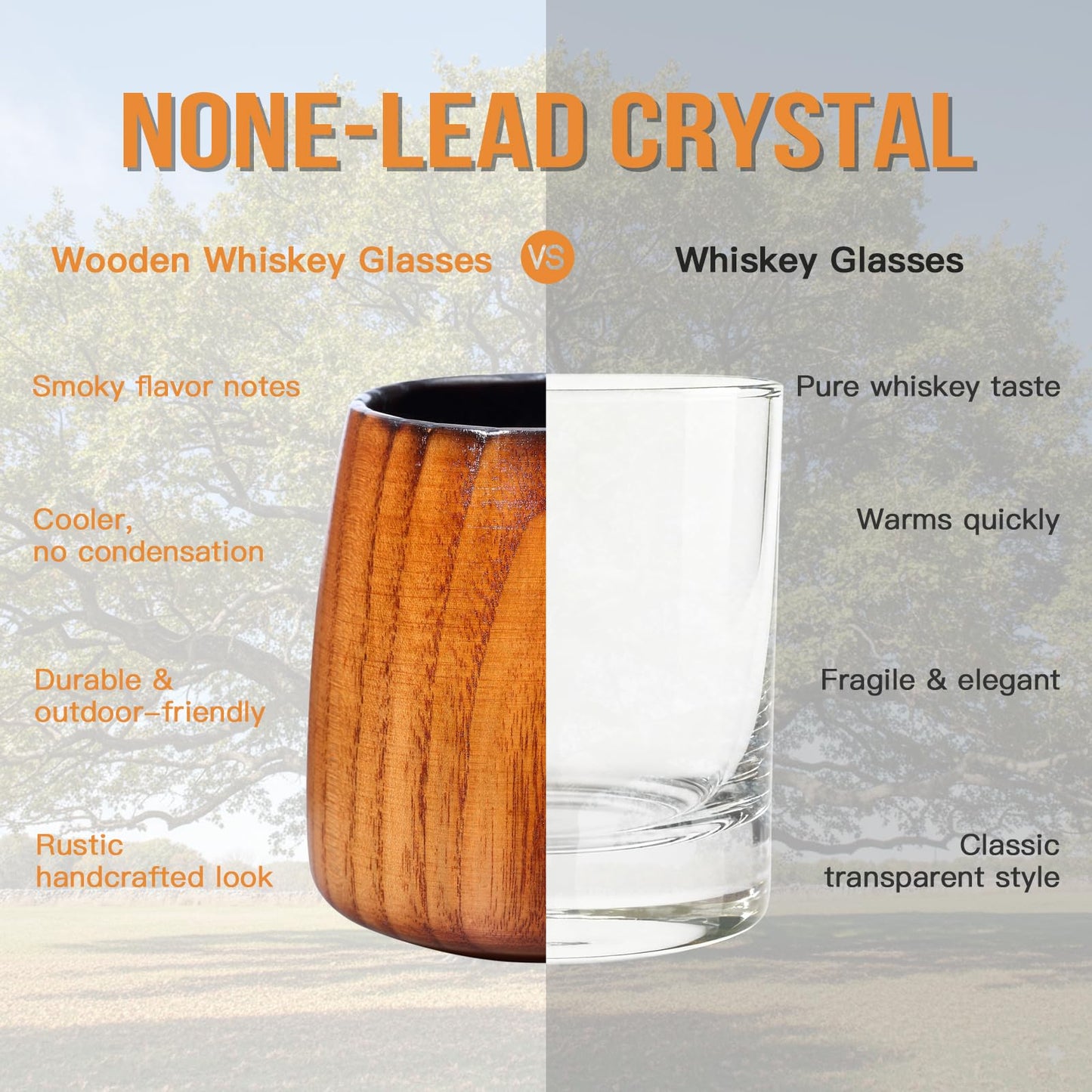 Wooden Whiskey Glass Set – 9oz Handcrafted Wooden Bourbon Tumblers with 6 Stones & A Stainless Steel Ice Tongs, Natural Charred Finish – Perfect Whiskey Gift for Dad Husband Brother Boyfriend