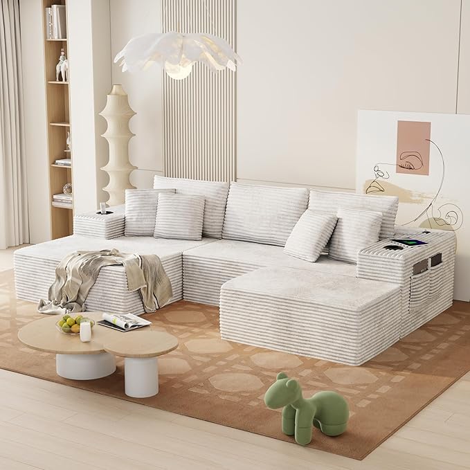 Cibert 104.3" Modular Sectional Sofa with Ottoman, Beige Boneless Couch Left Facing Chaise U Shaped Couches with USB Ports, 2 Cup Holders, 2 Storage Bags & Lint Remover, No Assembly Sectional Couch