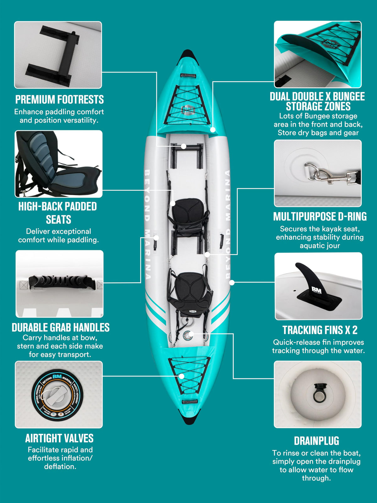 Inflatable Kayak 2 Person Adult - BEYOND MARINA Tandem Kayak with Drop Stitch Floor, Touring Kayak with Aluminum Paddles, Seats, Footrests, Pump, Fins, Adventurer 12.5ft