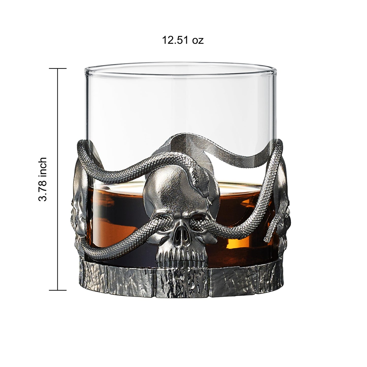 Skull & Snakes Pewter 2x Set Whisky Glasses, Whiskey, Wine, Beer & Water -12.5oz - Water, Rum, Brandy & Scotch, Elegant, Goth Gift Spooky Crystal Cup, Gifts Men & Women, Old Fashioned Skulls Glass