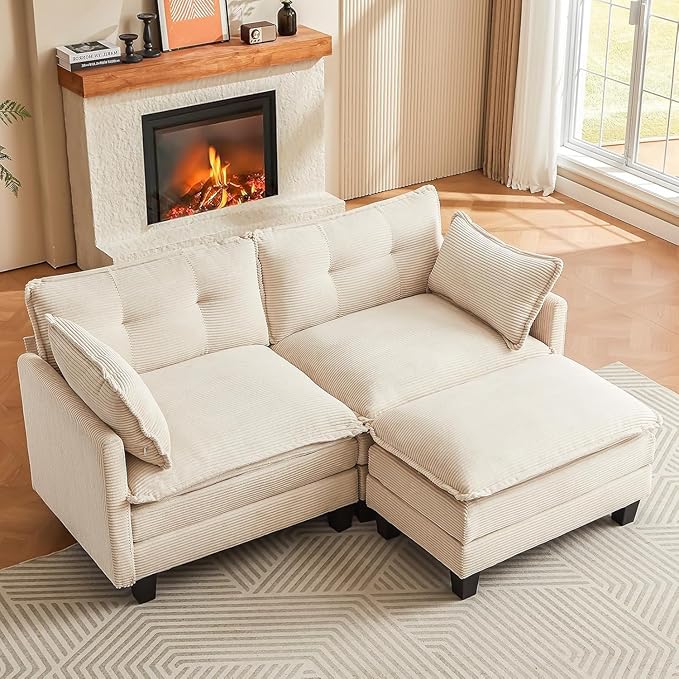 Amsleekey Modular Sectional Sofa, 76.5" L-Shaped Corduroy Comfy Sectional Couches for Living Room, 2-Seater Cloud Couches with 1 Movable Ottoman, Flexible Combination Modern Deep Seat Sofa (Beige)