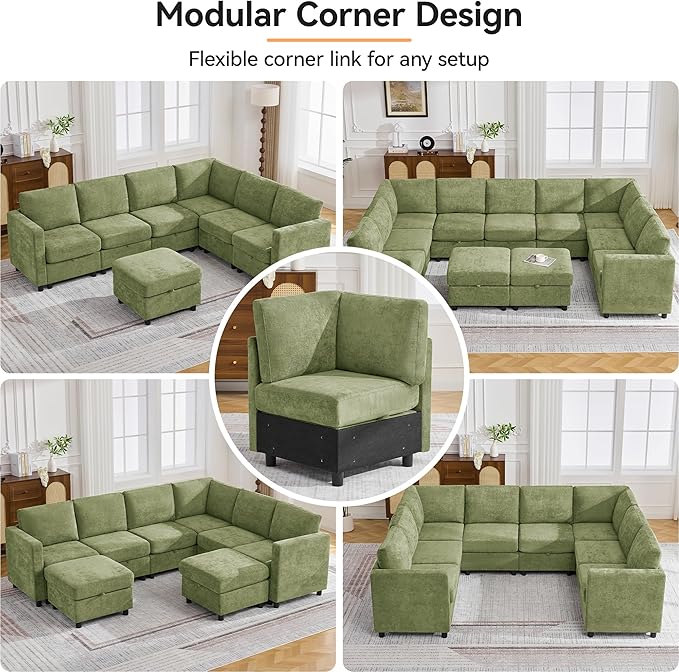 104'' V Shaped Modular Sofa, Sectional Couch with Storage for Living Room, Modern 7 Seater Cloud Sectional Couch with Movable Ottoman, Chenille Green