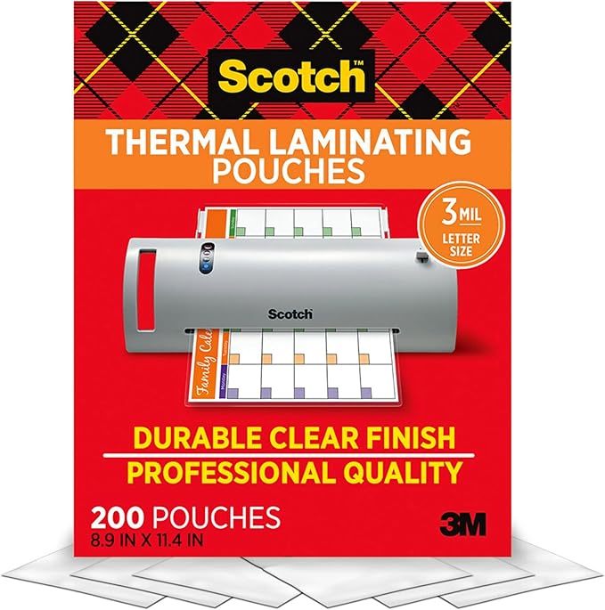 Scotch Thermal Laminating Pouches, 200 Count, Clear, 3 mil., Ideal Office or School Supplies, Fits Letter Sized Paper (8.9...