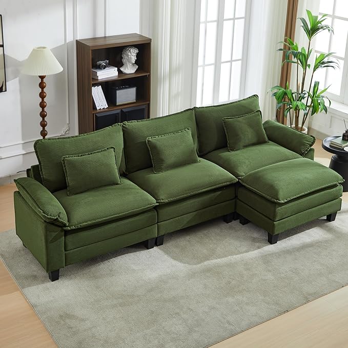 URRED Cloud Couch Modular Sectional Sofa, 122'' Modern L Shaped Deep Seat Sofa with Ottoman & Pillows, Ultra Comfy Corduroy Couches for Living Room, Bedroom or Apartment, Green