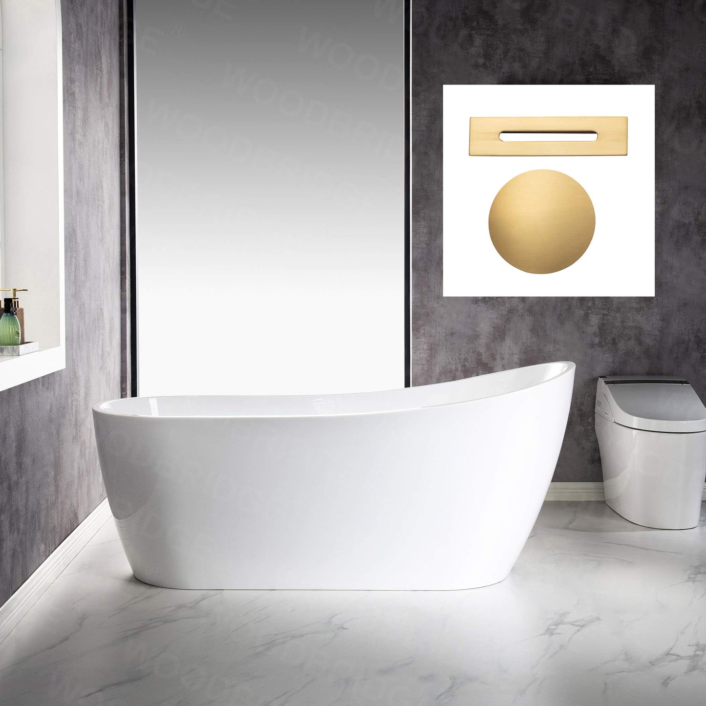 WOODBRIDGE 67"Freestanding White Acylic Soaking Bathtub with Brushed Gold Drain and Overflow,BTA1508 -BG-Drain &O