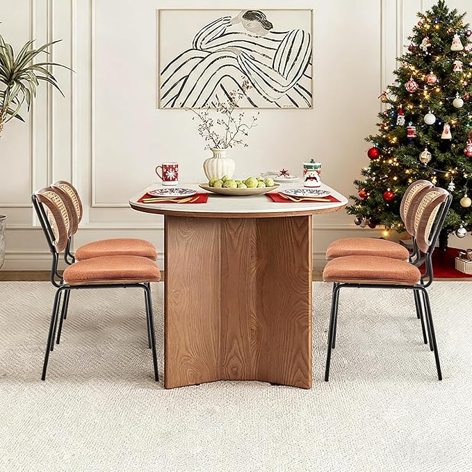 HOCEWI Rattan Dining Chairs Set of 4, Christmas Dining Chairs Mid Century Modern with Cane Back for Kitchen Dining Room, 19 Inch Fabric Orange