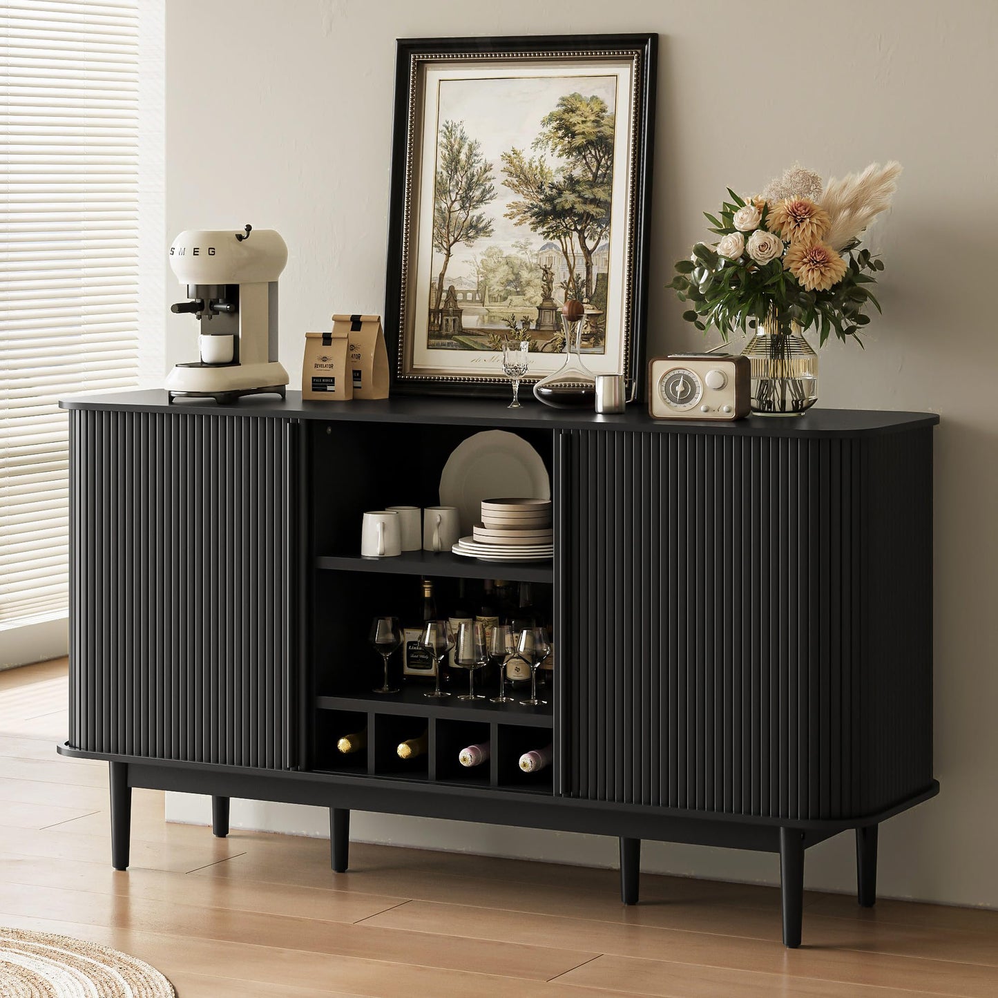 MAISONARIA 59" Wine Bar Cabinet with Storage, Sideboard Buffet Cabinet with Fluted Slide Doors, Modern Coffee Bar Table with 4 Wine Racks for Living Room, Kitchen, Entryway, Black
