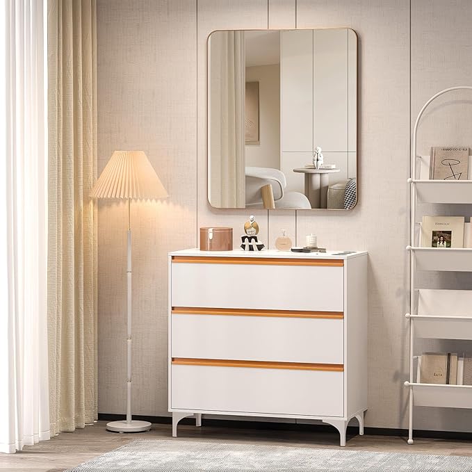 OmySalon Salon Station for Hair Stylists, Free Standing Barber Cabinet with 3 Drawers, Hair Dryer Holders & Square Mirror, Modern Beauty Vanity for Salon, Spa, Bedroom, White Gold