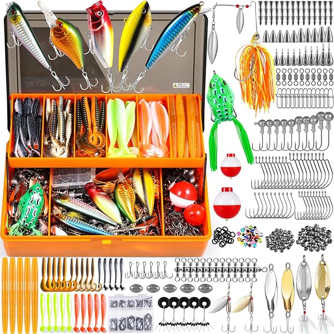 PLUSINNO 353/404 PCS Fishing Lures, Upgrade Fishing Tackle Box with Tackle Included, Crankbaits, Hooks, Weights, Other Acc...