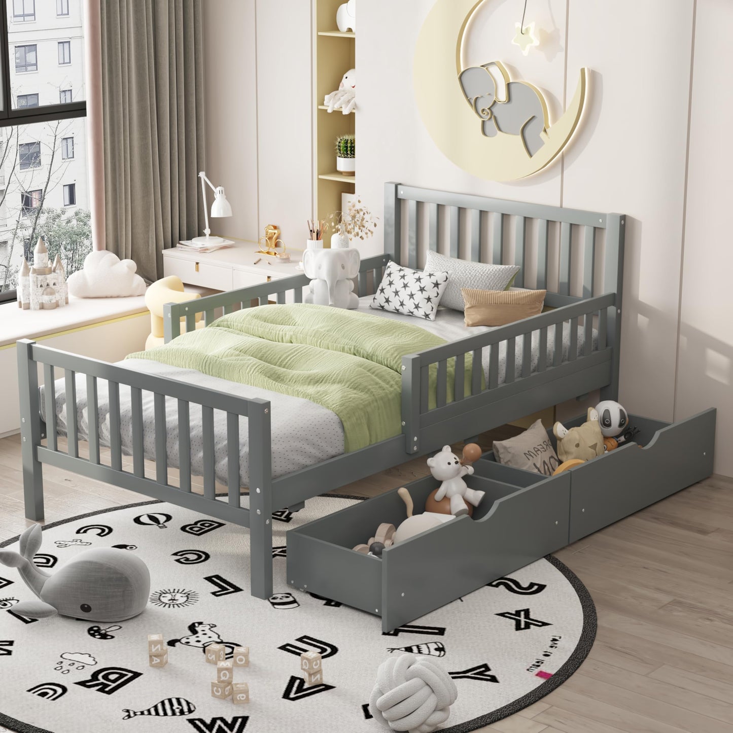 Bellemave Twin Bed Frames for Kids, Twin Bed Frame with Storage Drawers,Twin Bed with Rails, Kids Twin Bed, Twin Bed Frame for Boys/Girls/Adults， Gray