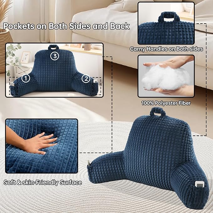 PAJEO Reading Pillow for Sitting in Bed, Large Backrest Reading Pillow with Arm Rest,Back-Rest Support Cushion for Sit Up on Couch, Sofa, and Floor(Dark Blue Flannel, Large(19"))