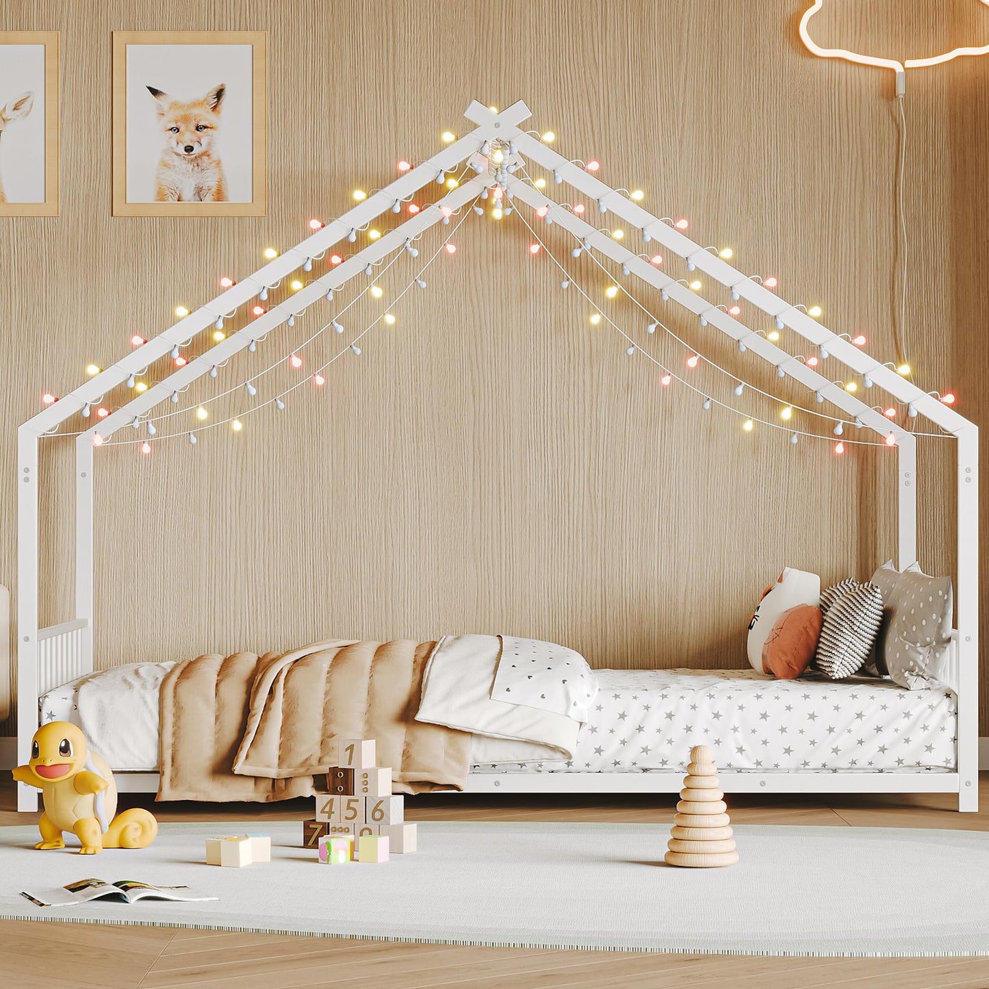 Bellemave Twin Size Montessori Floor Beds with Light, Twin Size House Floor Bed with Headboard and Footboard, Easy Assemble Montessori Bed Frame, White