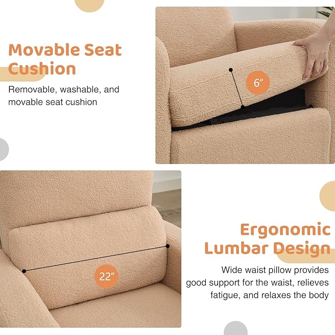 AEMEIOS Swivel Rocker Recliner, Oversized Manual Boucle Nursery Glider Rocking Recliner Chair with Removable Cushion, Upholstered Swivel Reclining Chair for Nursery Living Room Bedroom,Teddy Camel