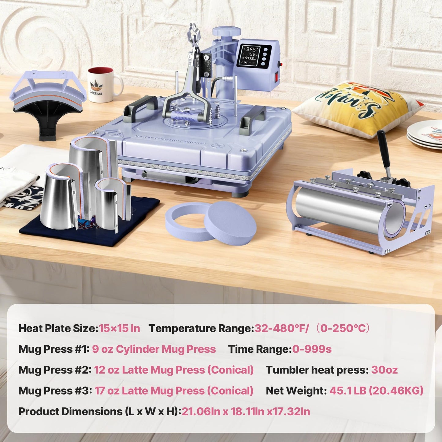 Seeutek 8 in 1 Heat Press Machine 15x15 Inch, Swing Away Digital Sublimation Heat Transfer Press with 20oz & 30oz Tumbler Attachments for T-Shirts, Mugs, Hats & Plates, Lavender