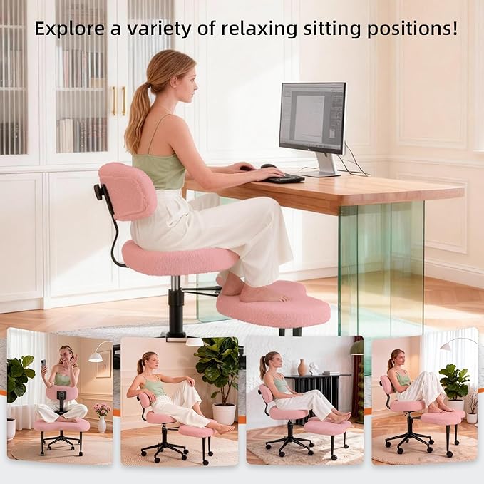 DUMOS Ergonomic ADHD Cross Legged Office Desk Chair with Adjustable Backrest, Height Adjustbale Meditation Chair with 360° Swivel Footstool, Teddy Fabric Yoga Stool for Home Office, Pink