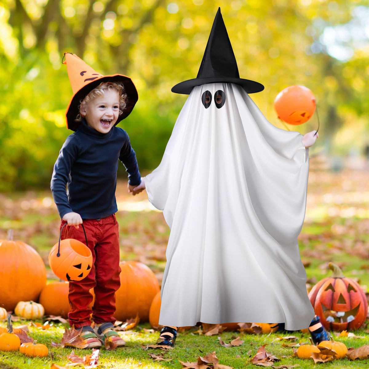 PURPLE STAR 1N Halloween Ghost Costume for Kids Adult- White Ghost Cloak Costume with Witch Hat- Spooky Halloween Ghost Costumes Fancy Dress Cosplay for Party Trick-or-Treating (Small)
