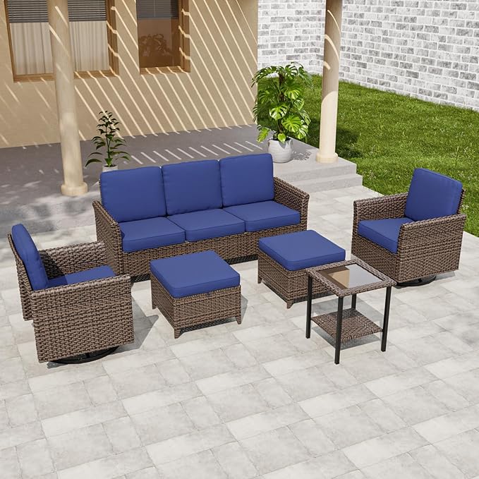 COOS BAY Harbor Retreat 6 Piece Outdoor Furniture Set, Patio Conversation Set with Swivel Rocking Chairs, 3 Seat Couch, Side Table and Ottomans, Wicker Furniture, Brown/Blue
