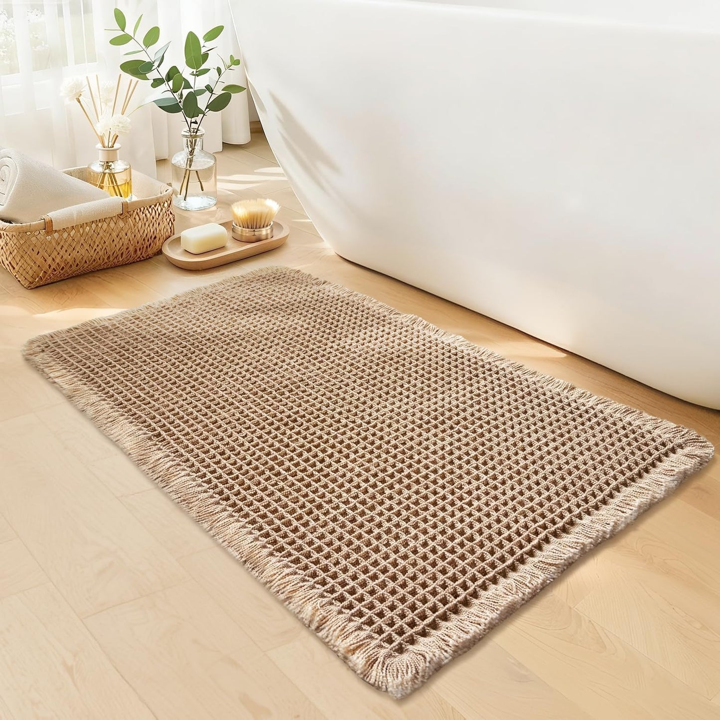 Waffle Bath Mat - Boho Bathroom Rugs Non Slip Washable, Super Absorbent & Quick Dry, Soft Bath Mat Farmhouse Bathroom Decor, 20'' x 32'', Khaki