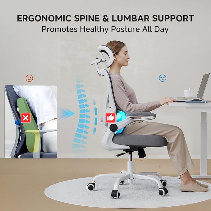 PKPT Ergonomic Office Chair, 330LBS Desk Chair with 3-Level Lumbar Support & Headrest, Breathable Mesh Backrest, Flip-Up Armrests for Home Office and Gaming, White and Gray